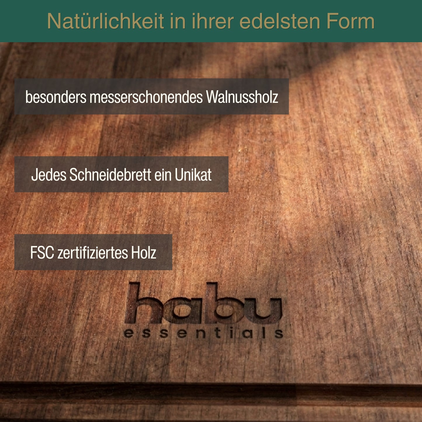habu essentials Premium Schneidebrett aus Walnussholz & Edelstahl