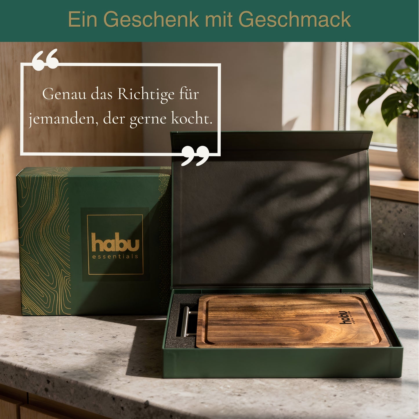 habu essentials Premium Schneidebrett aus Walnussholz & Edelstahl