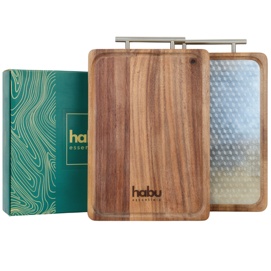 habu essentials Premium Schneidebrett aus Walnussholz & Edelstahl
