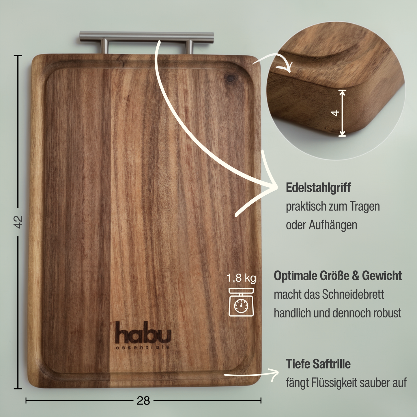 Habu Essentials Premium Schneidebrett aus Walnussholz & Edelstahl